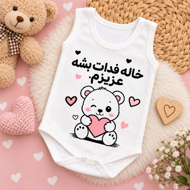زیر دکمه رکابی نوزادی طرح خرس با نوشته خاله فدات بشه عزیزم   ۱/۲/۳
