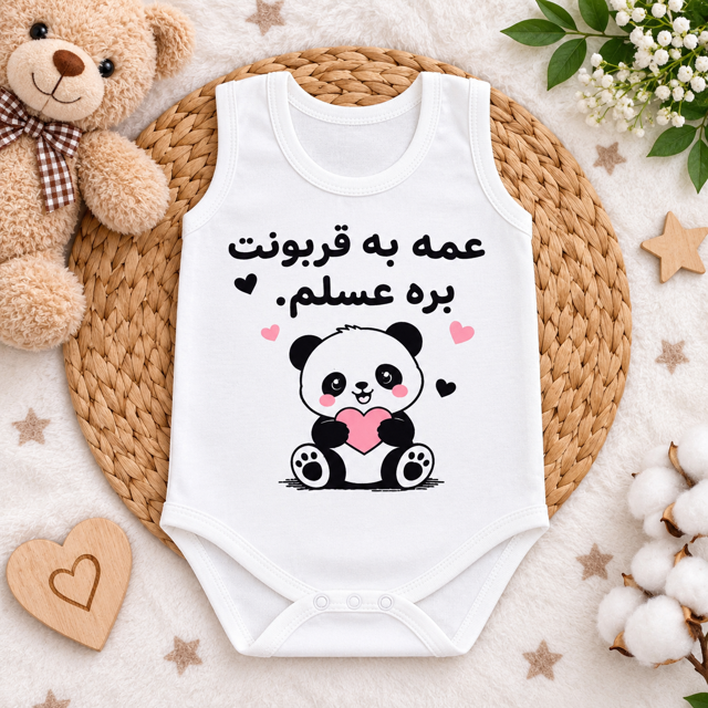 زیر دکمه رکابی نوزادی طرح خرس با نوشته عمه به قربونت بره عسلم  ۱/۲/۳