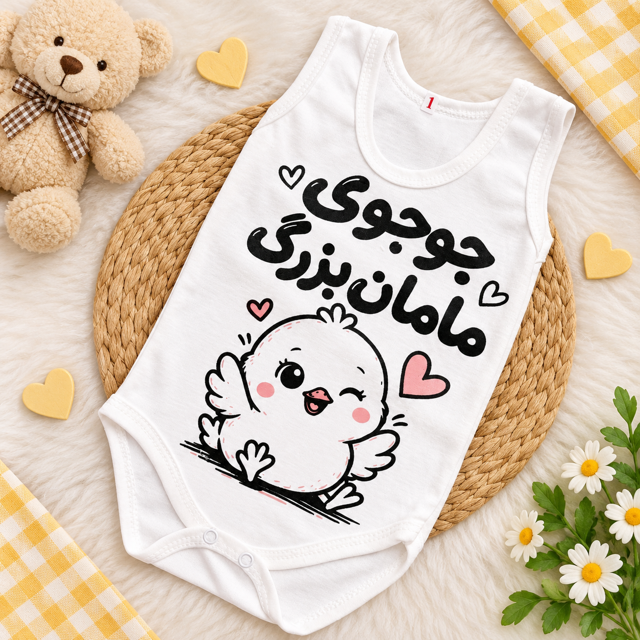 زیر دکمه رکابی نوزادی طرح خرس با نوشته جوجه ی مامان بزرگ  ۱/۲/۳