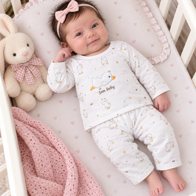ست بلوز و شلوار نوزادی طرح جوجه اردک سایز 0 برند سان بیبی (Sam Baby)