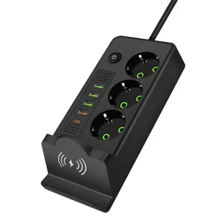 چند راهی برق هوشمند2500 وات و شارژر وایرلس POWER SOCKET مدل QL-1080U مشکی رنگ