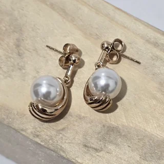 گوشواره ژوپینگ طلایی میخی آویز طرح دست با مروارید ضد حساسیت همراه با جعبه