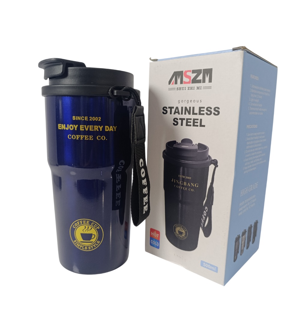 تراول ماگ استیل ضد زنگ دو حالته Jingbang مدل MSZM ظرفیت 500ml مناسب نوشیدنی گرم و سرد با بند COFFEE سورمه ای