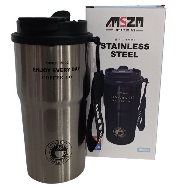 تراول ماگ استیل ضد زنگ دو حالته Jingbang مدل MSZM ظرفیت 500ml مناسب نوشیدنی گرم و سرد با بند COFFEE نقره ای