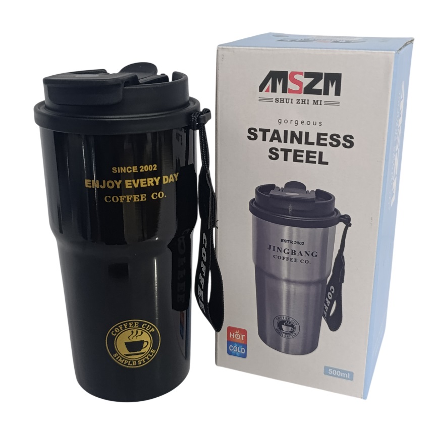 تراول ماگ استیل ضد زنگ دو حالته Jingbang مدل MSZM ظرفیت 500ml مناسب نوشیدنی گرم و سرد با بند COFFEE مشکی