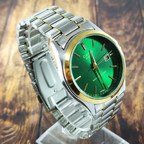 ساعت مردانه CASIO کاسیو مدل 1199 نقره ای،طلایی زمینه سبز