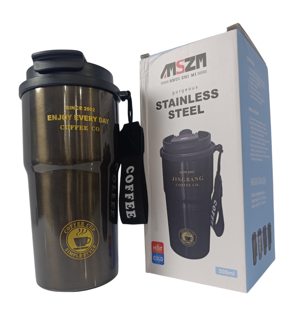 تراول ماگ استیل ضد زنگ دو حالته Jingbang مدل MSZM ظرفیت 500ml مناسب نوشیدنی گرم و سرد نوک مدادی با بند COFFEE